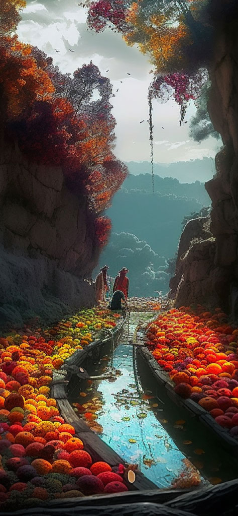 People harvesting fruits in a valley with a stream running through it, surrounded by rocky cliffs and trees with autumn foliage.