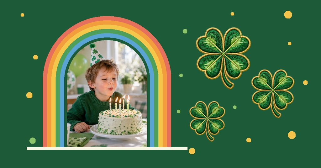 Child beside a birthday cake under a rainbow with shamrocks on a green background