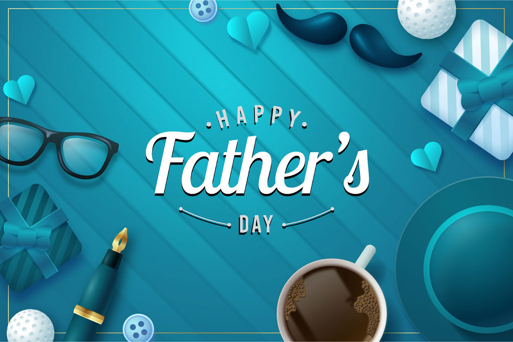 Father's Day greeting card with coffee, glasses, and accessories