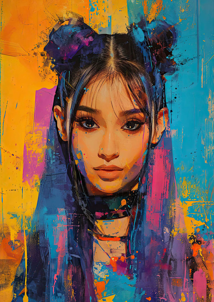 A digital painting of a young woman with dark hair in buns, against a multicolored background.