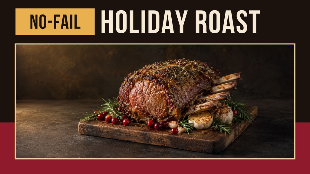 Holiday roast on a cutting board with bold title text on a dark background.