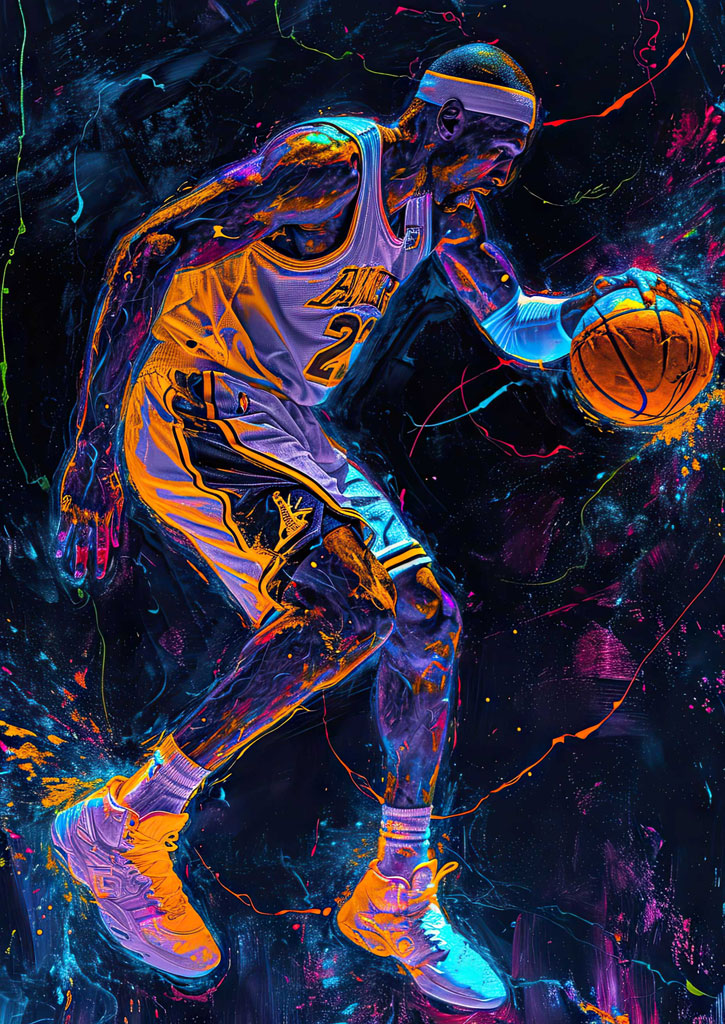 Basketball player dribbling with vibrant neon effects