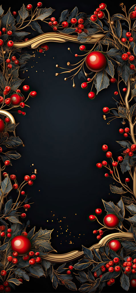 Christmas holly border with red berries and gold accents