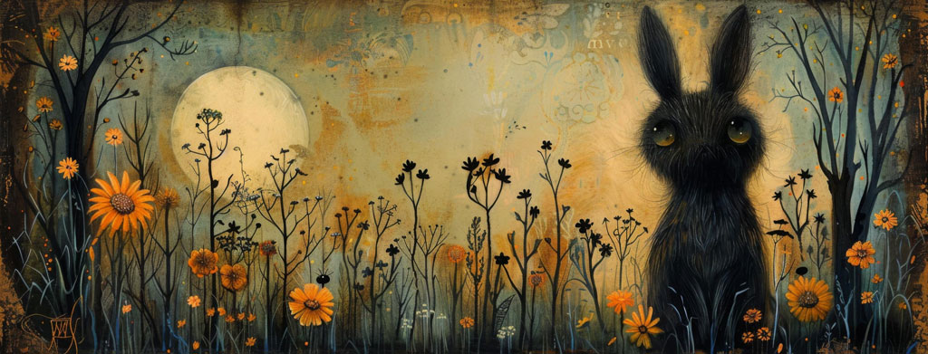 A black rabbit with glowing eyes stands in a field of orange flowers and bare trees under a full moon.