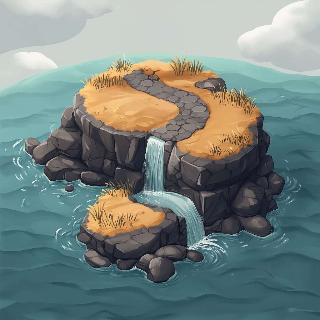 A cartoon island with a waterfall surrounded by water and clouds