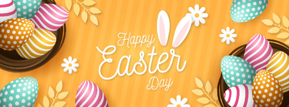 Colorful Easter eggs in bowls with Happy Easter Day text