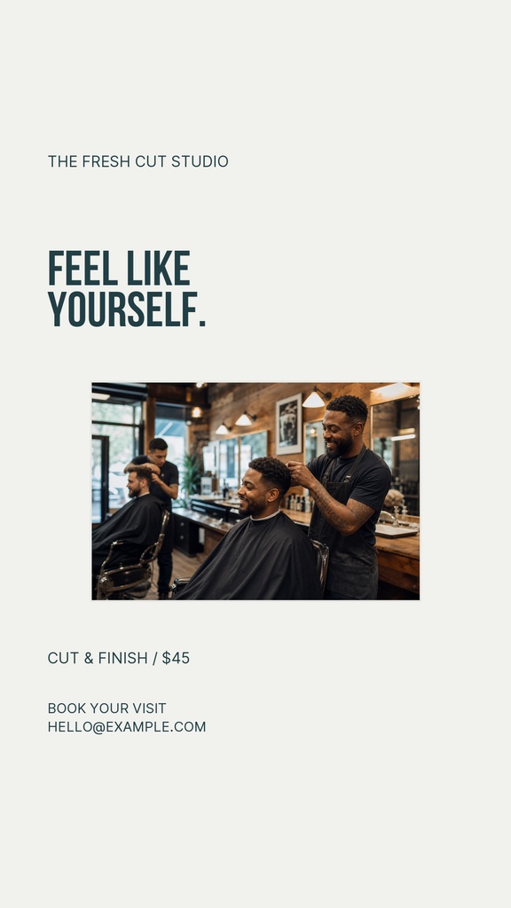 Minimal barber shop Instagram story with a haircut photo and bold text reading feel like yourself.