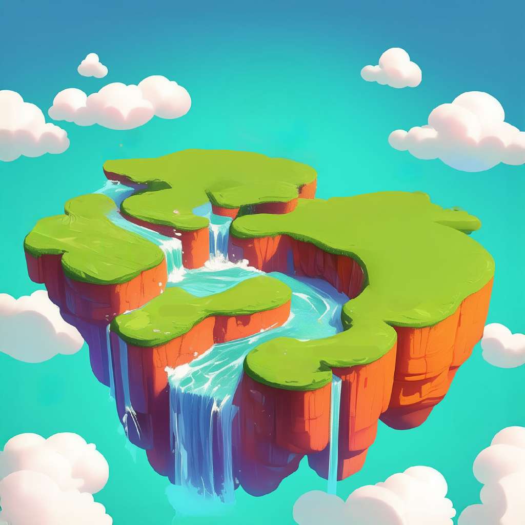 A 3D rendered image of a floating island with red cliffs, green grass, and flowing waterfalls against a blue sky with white clouds.