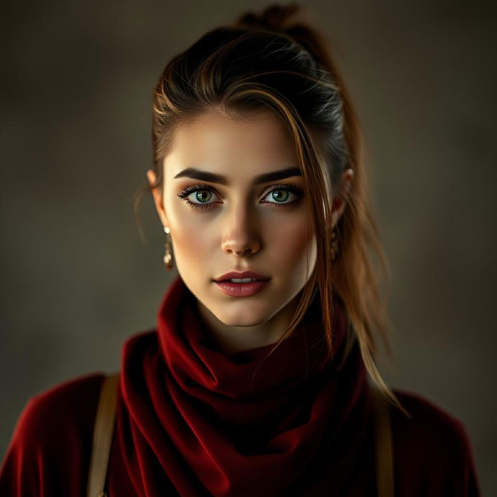 A young woman with blue eyes and brown hair pulled back into a ponytail, wearing a red turtleneck sweater and gold earrings.