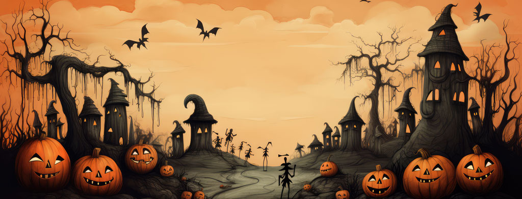 Halloween night scene with carved pumpkins and haunted landscape