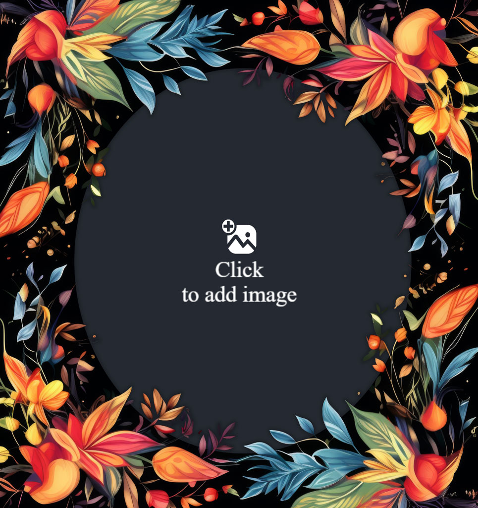 A circular floral frame with orange, yellow, and blue leaves and flowers on a black background.