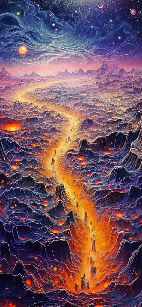 Surreal landscape with volcanic mountains and a glowing pathway under a starry sky
