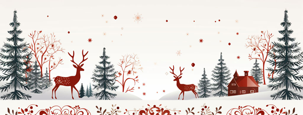 Illustration of a peaceful winter scene with red deer and a house surrounded by snow-covered evergreen trees.