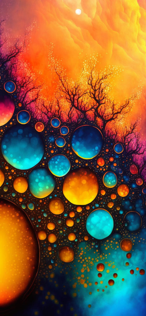 A digital artwork with colorful bubbles and tree silhouettes on a gradient background
