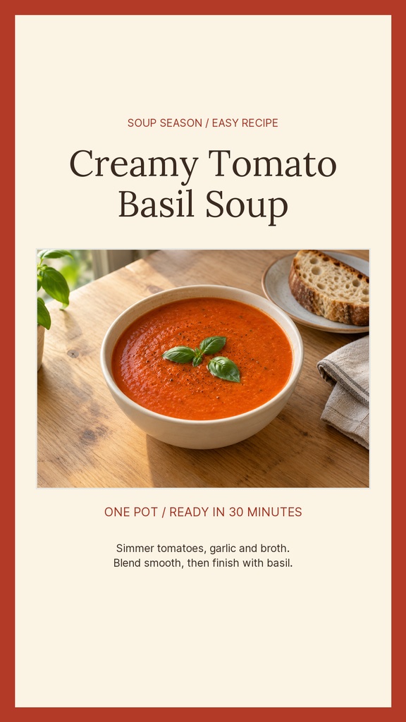 Instagram story template with creamy tomato basil soup in a bowl and recipe text on a warm beige background.