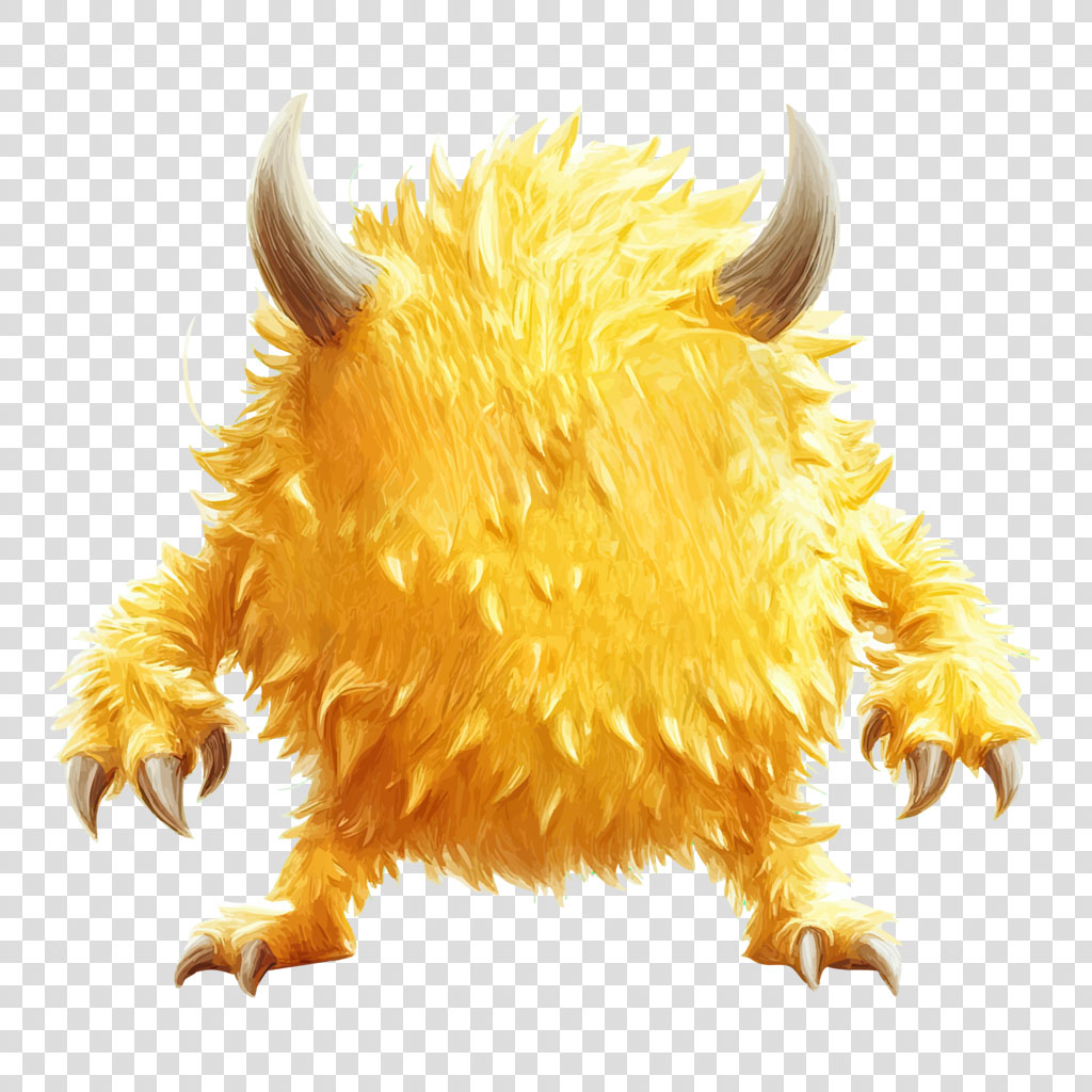 A digital illustration of a yellow, furry monster with sharp horns and claws.