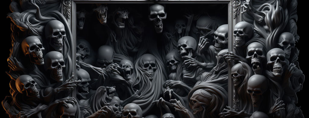 A dark, intricate artwork with multiple skulls and figures in a framed, ornate design.