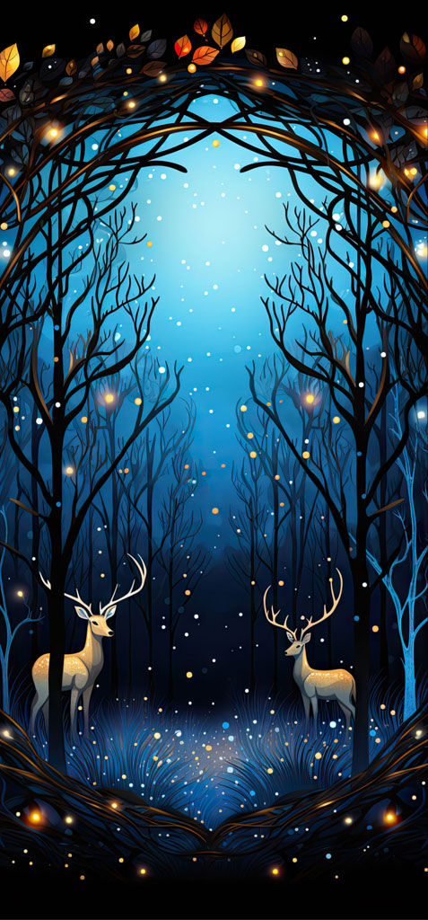 Illustration of two deer in a mystical forest with glowing lights and autumn leaves