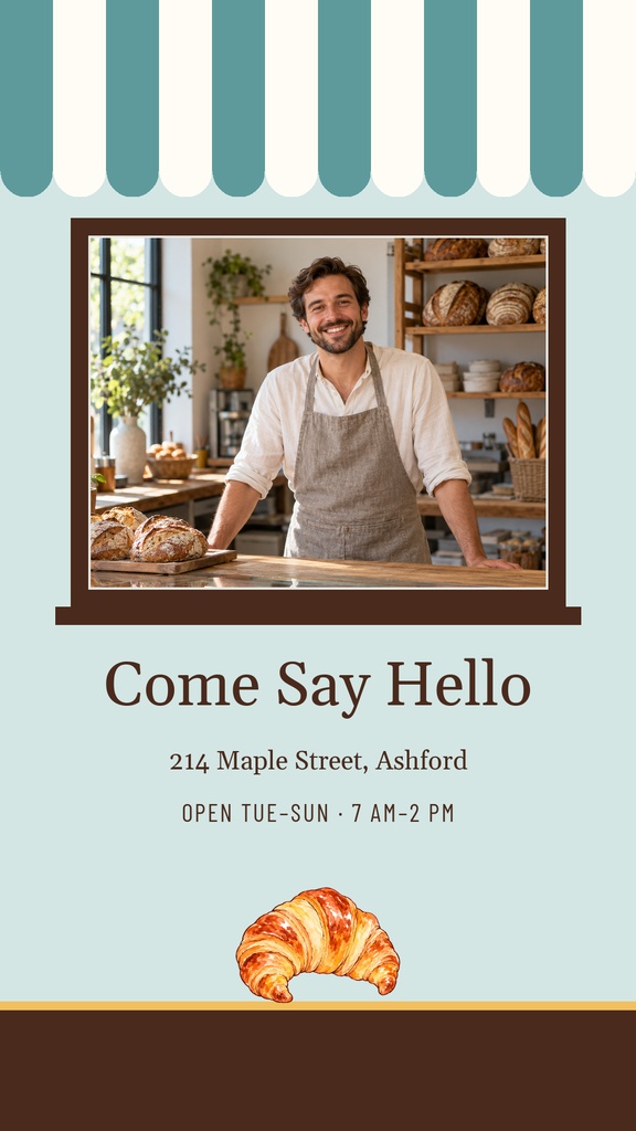Bakery owner standing behind a display case with bakery text and croissant graphic on a vertical story design.