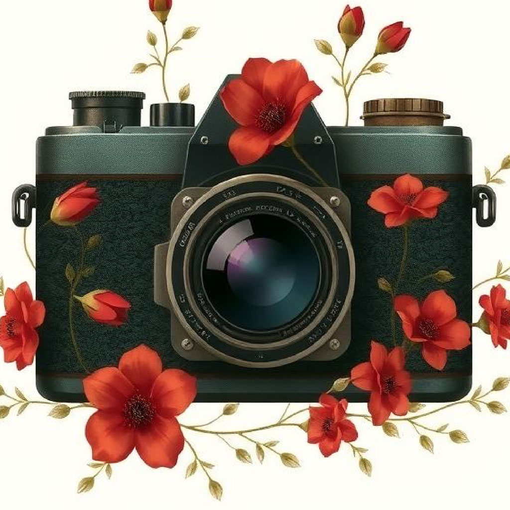 A dark green camera with red flowers painted on it