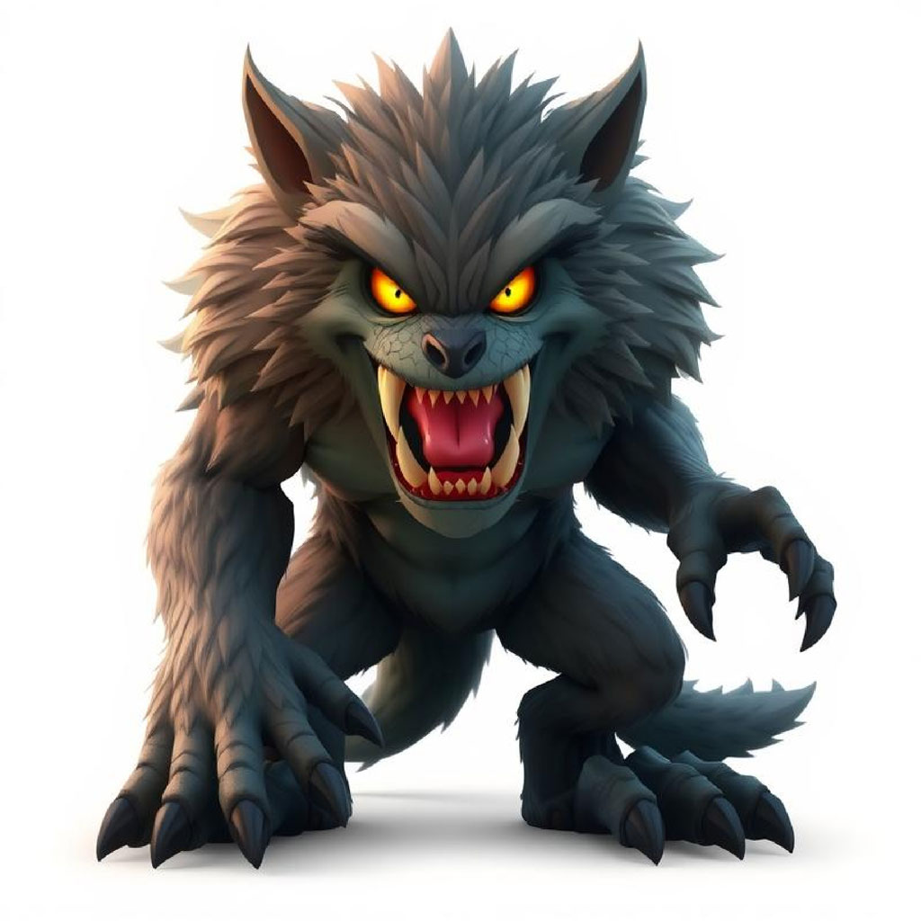 A digital illustration of a werewolf with sharp teeth and claws.
