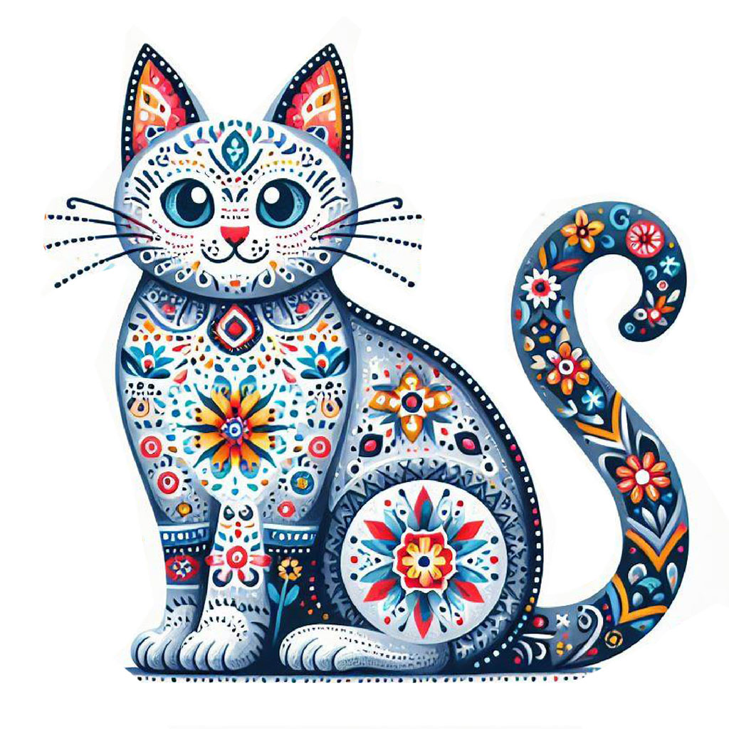 Illustration of a white cat with floral patterns and orange accents