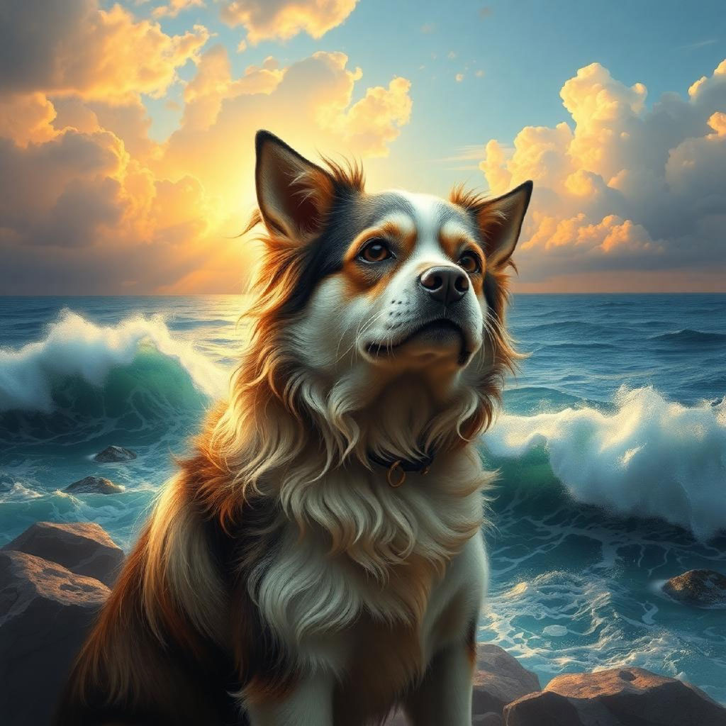 A person on a rocky cliff overlooking the ocean at sunset