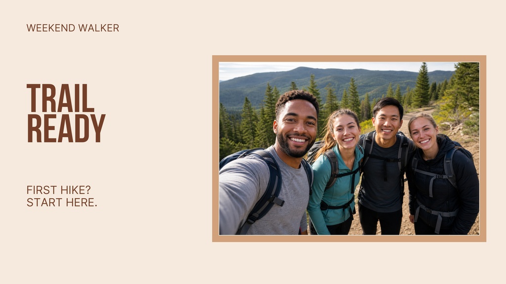 Four friends take a selfie in front of mountains beside bold trail ready text.