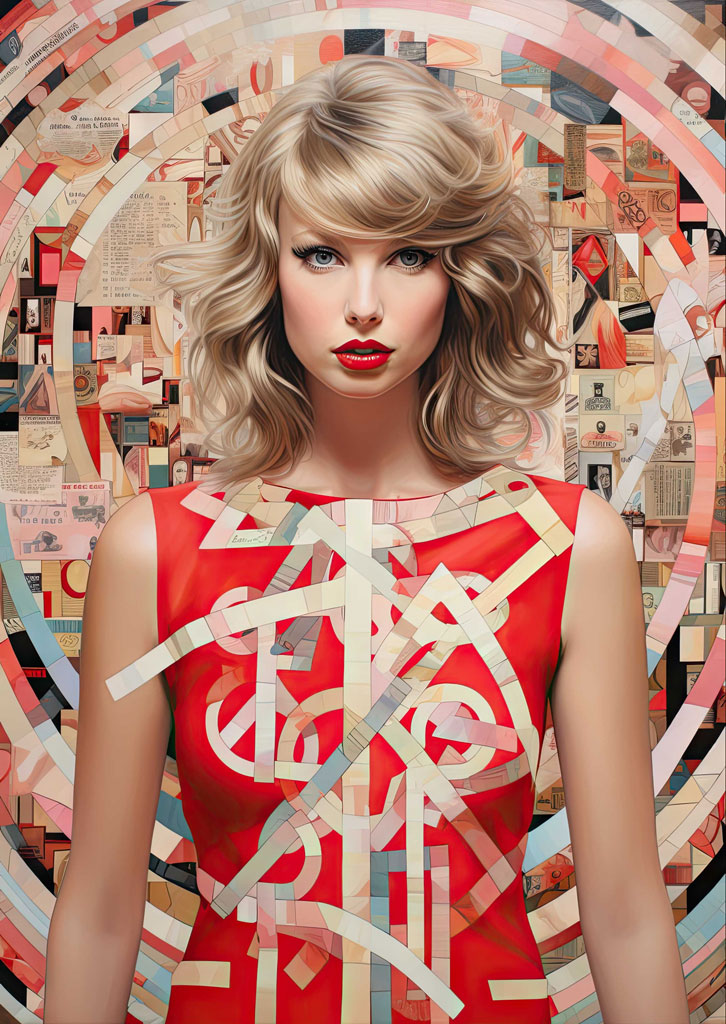 Taylor Swift in a red dress with a collage background