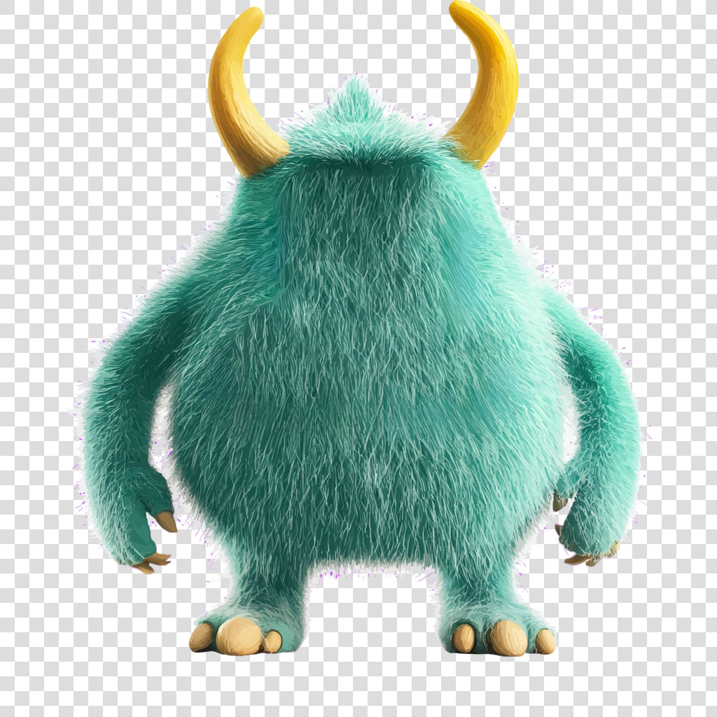 A cartoon teal monster with yellow horns and claws