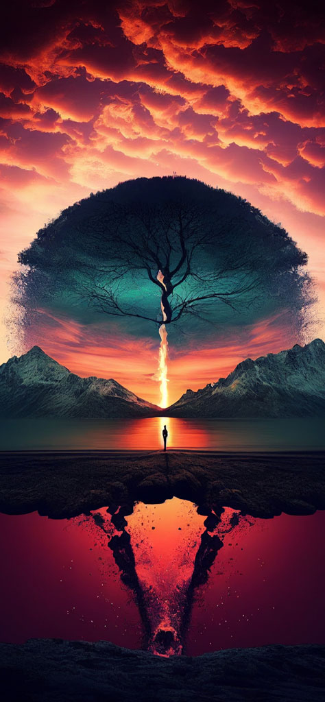 Surreal landscape with a person standing in front of a reflective lake and a distorted tree at sunset.
