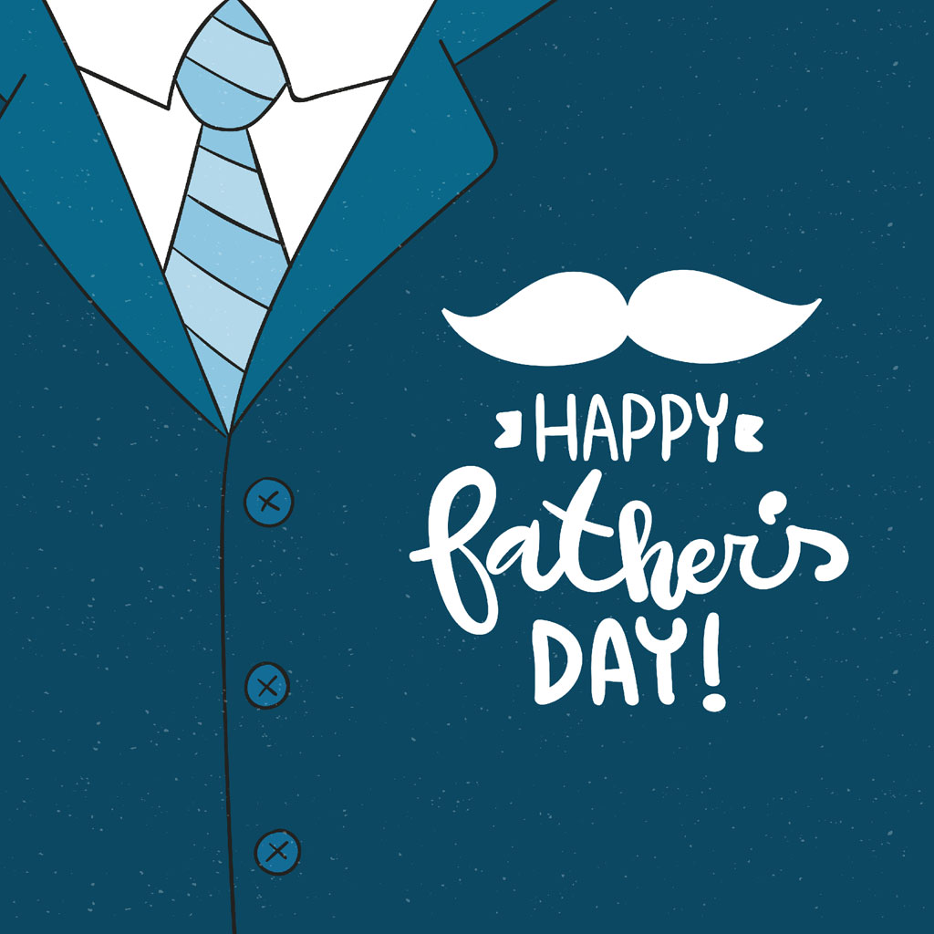 Illustration of a man in a suit with a mustache and 'Happy Father's Day' text