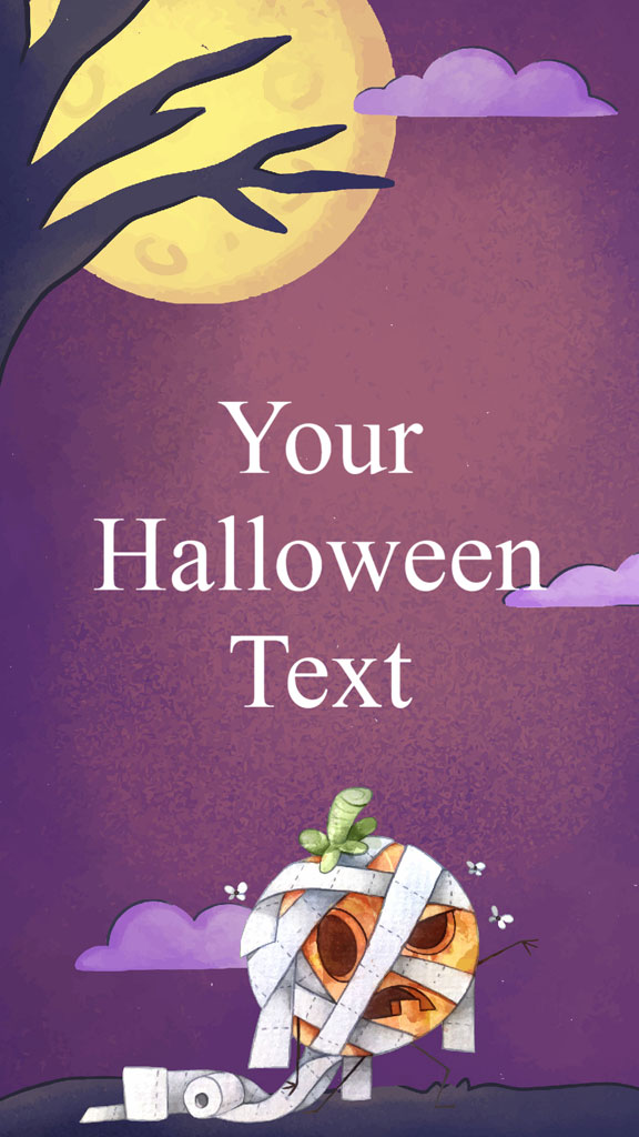 Halloween template with mummy-wrapped pumpkin and full moon