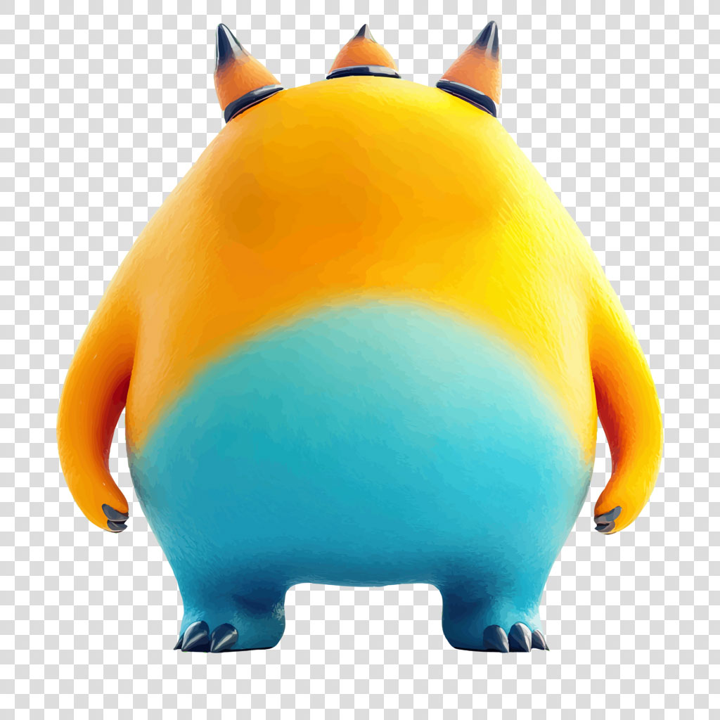 Back view of a yellow and blue cartoon creature figurine with horns and claws