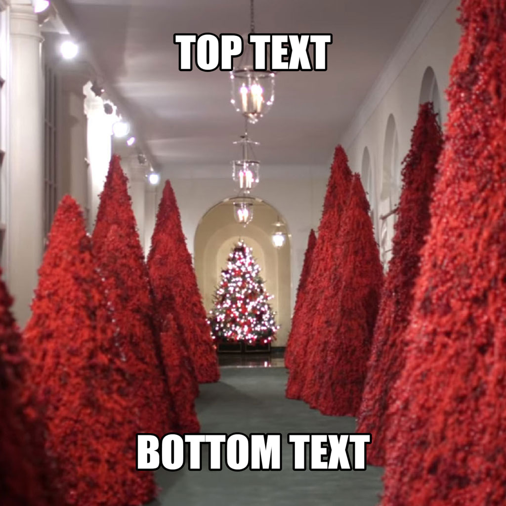 A long white hallway with red Christmas trees on either side and a decorated Christmas tree in the distance.