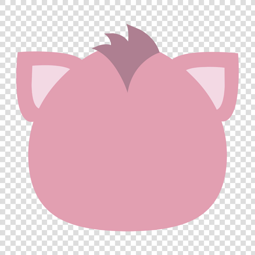 A pink cat head with triangular ears and a tuft of purple fur.
