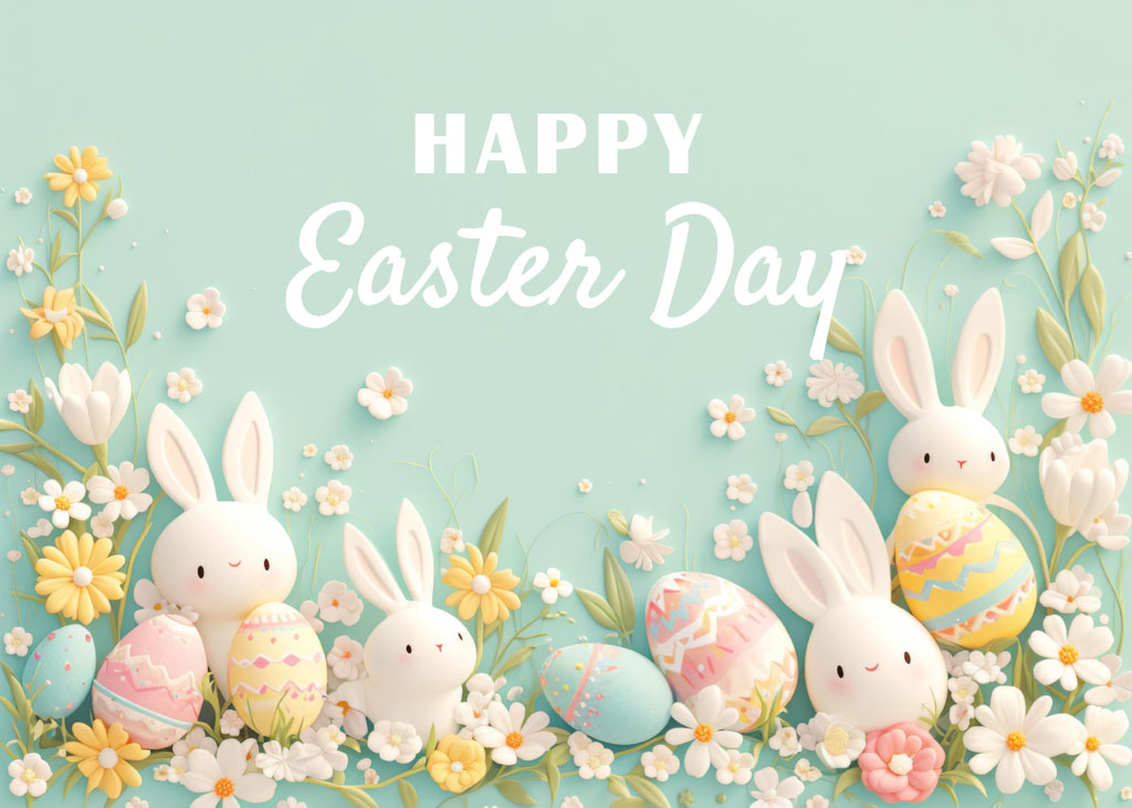 Easter greeting card with bunnies and eggs among flowers