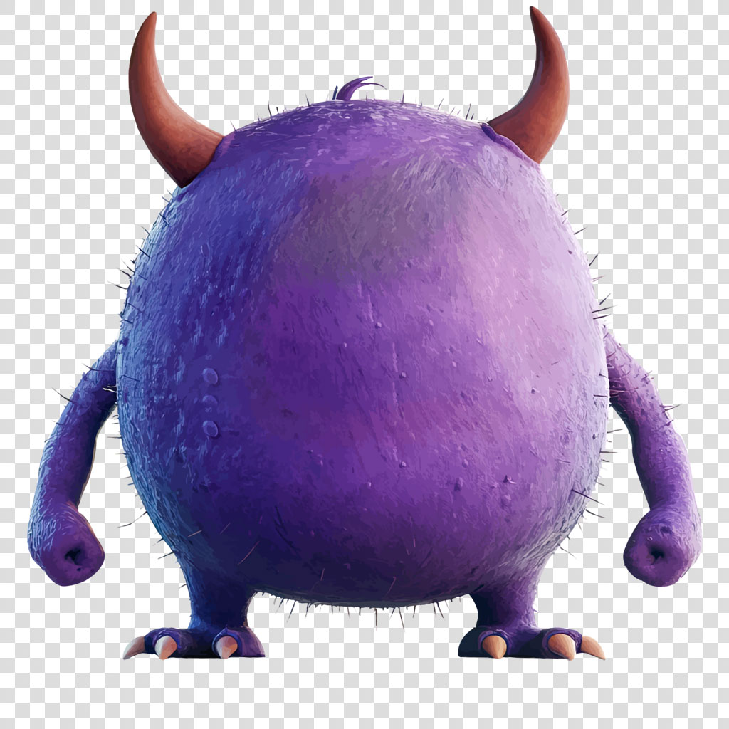 A purple monster with horns and fuzzy texture
