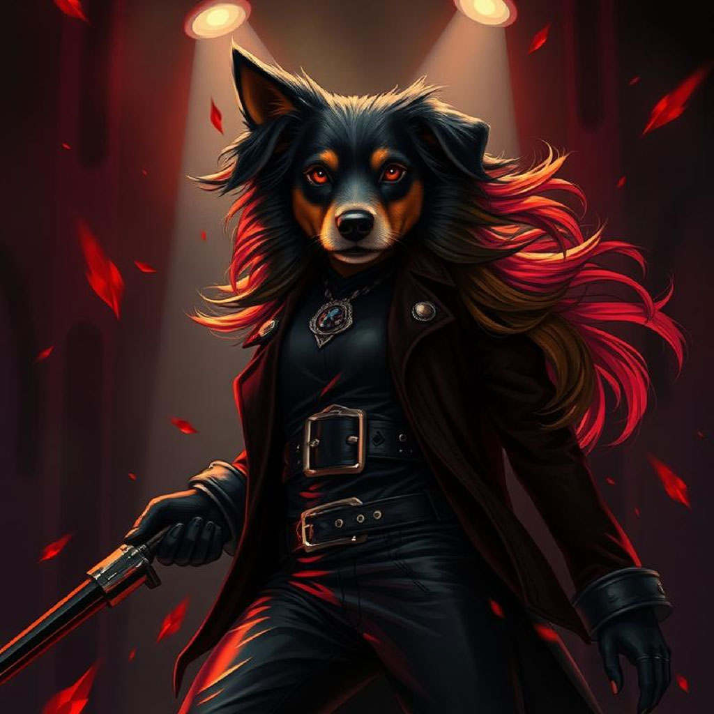 A woman in a black leather outfit holding guns with long hair blowing in the wind.