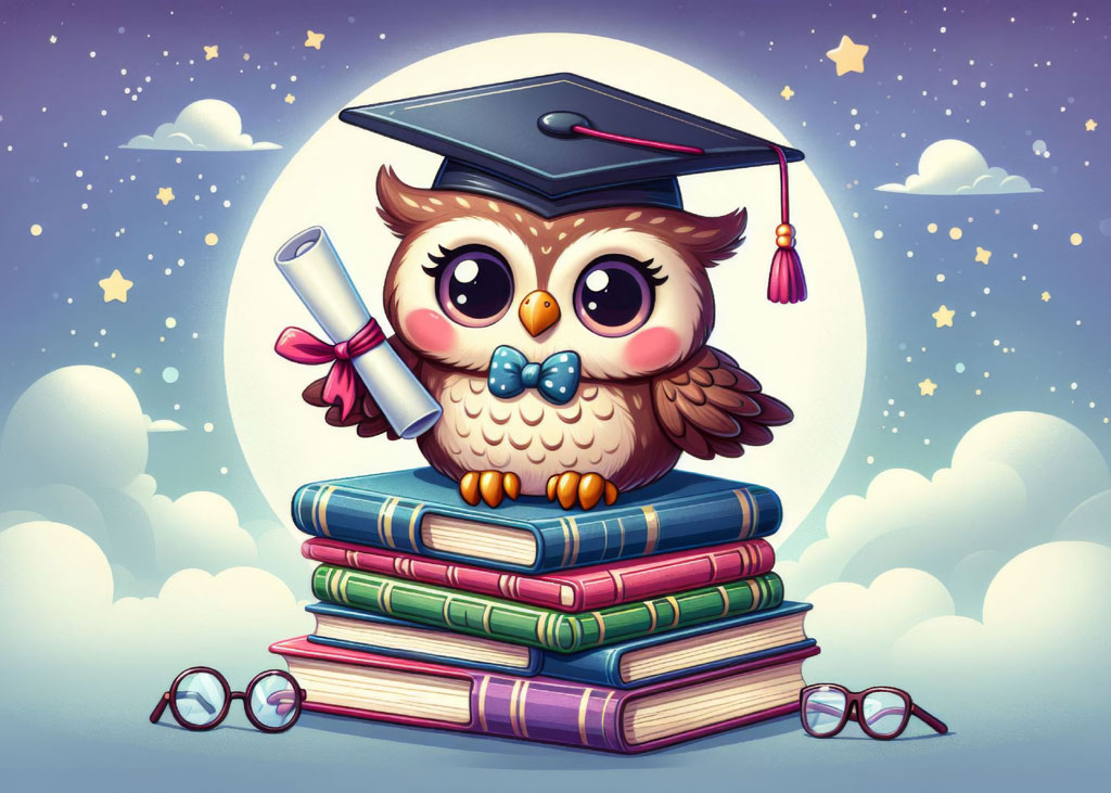 Cartoon owl with graduation cap on a stack of books