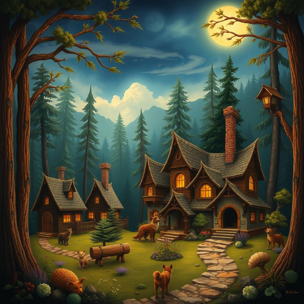 Illustration of a mystical forest village with houses and animals at night