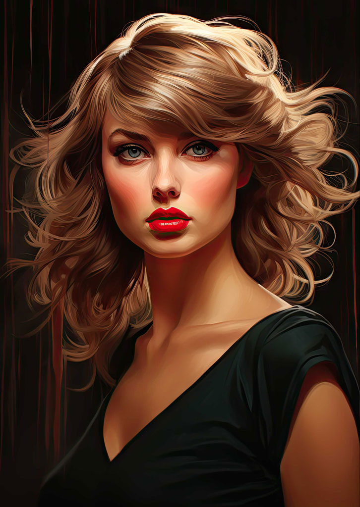 Taylor Swift portrait with blonde hair and red lips