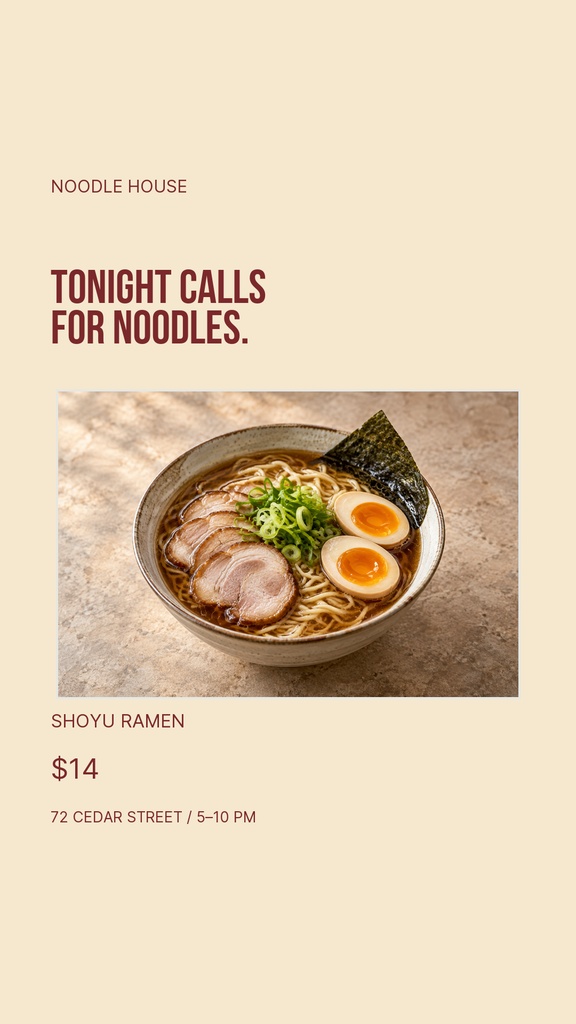 Vertical ramen restaurant story design with bowl photo, headline text, price, and location details.