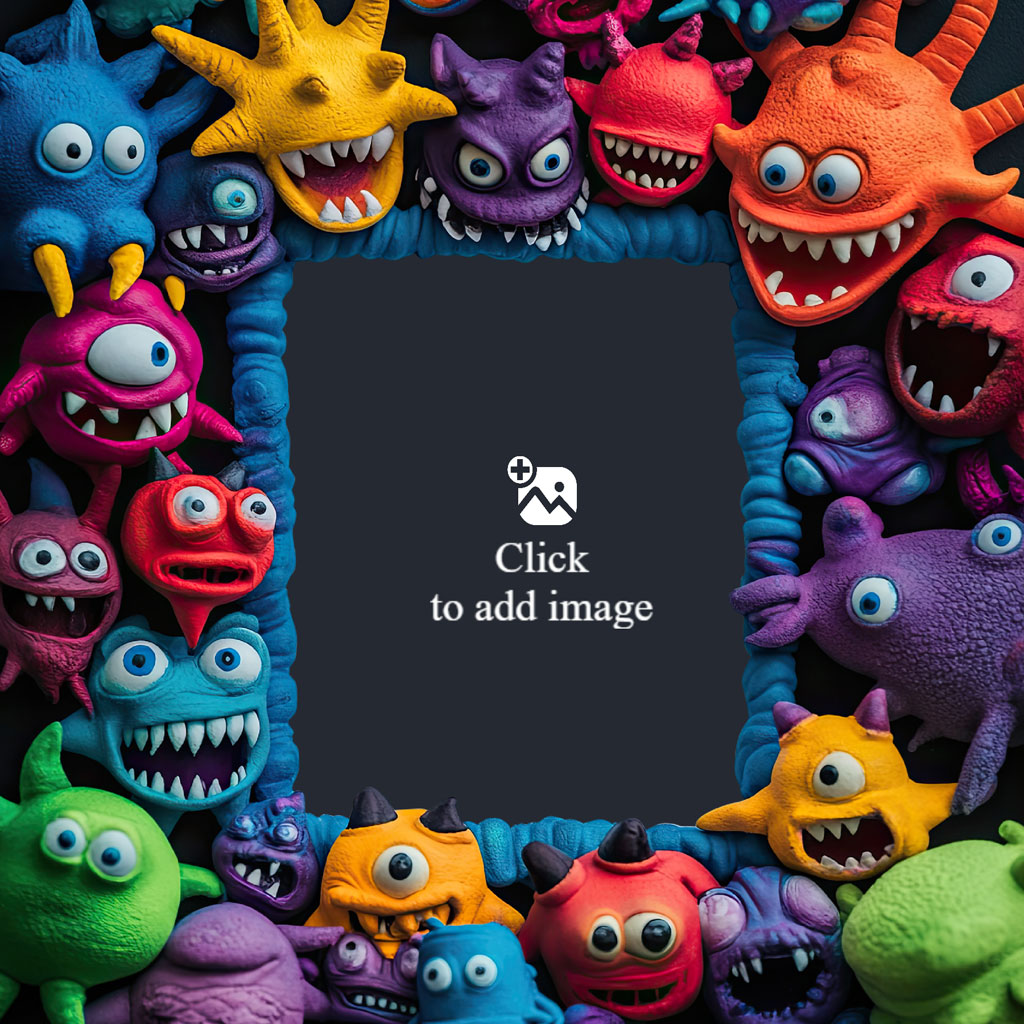 A frame made of colorful cartoon monsters with various facial expressions.