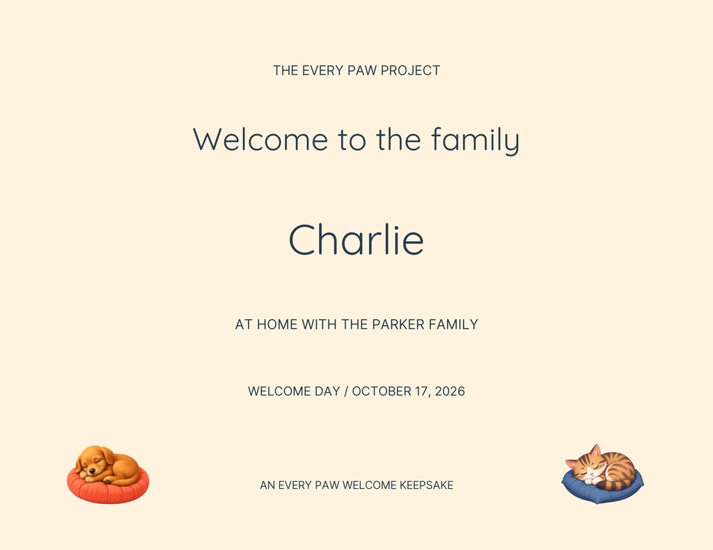 Preview for A Home For Every Paw Keepsake Certificate Template