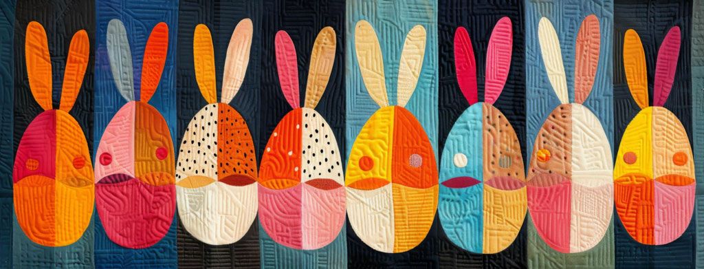 A quilt with a row of Easter bunnies in various colors and patterns