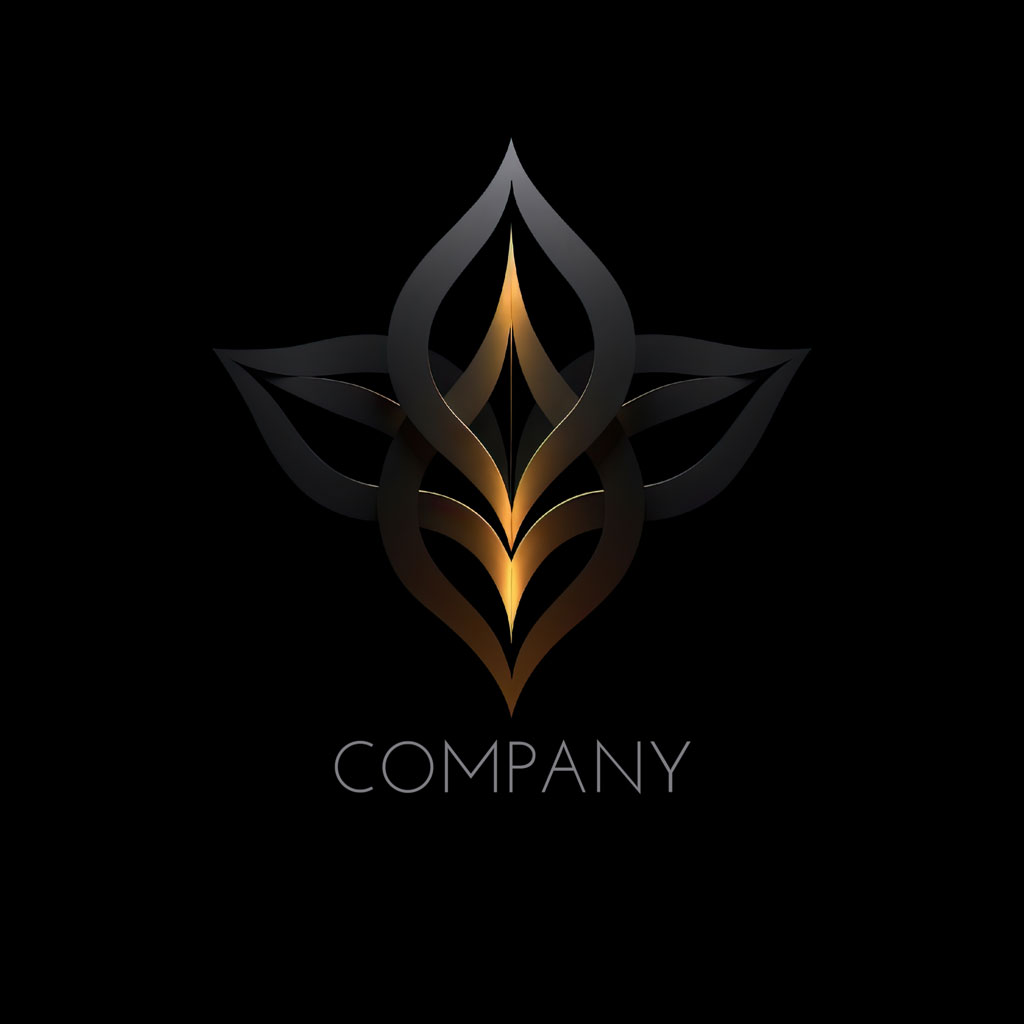 A modern, abstract company logo with a golden gradient on a black background.