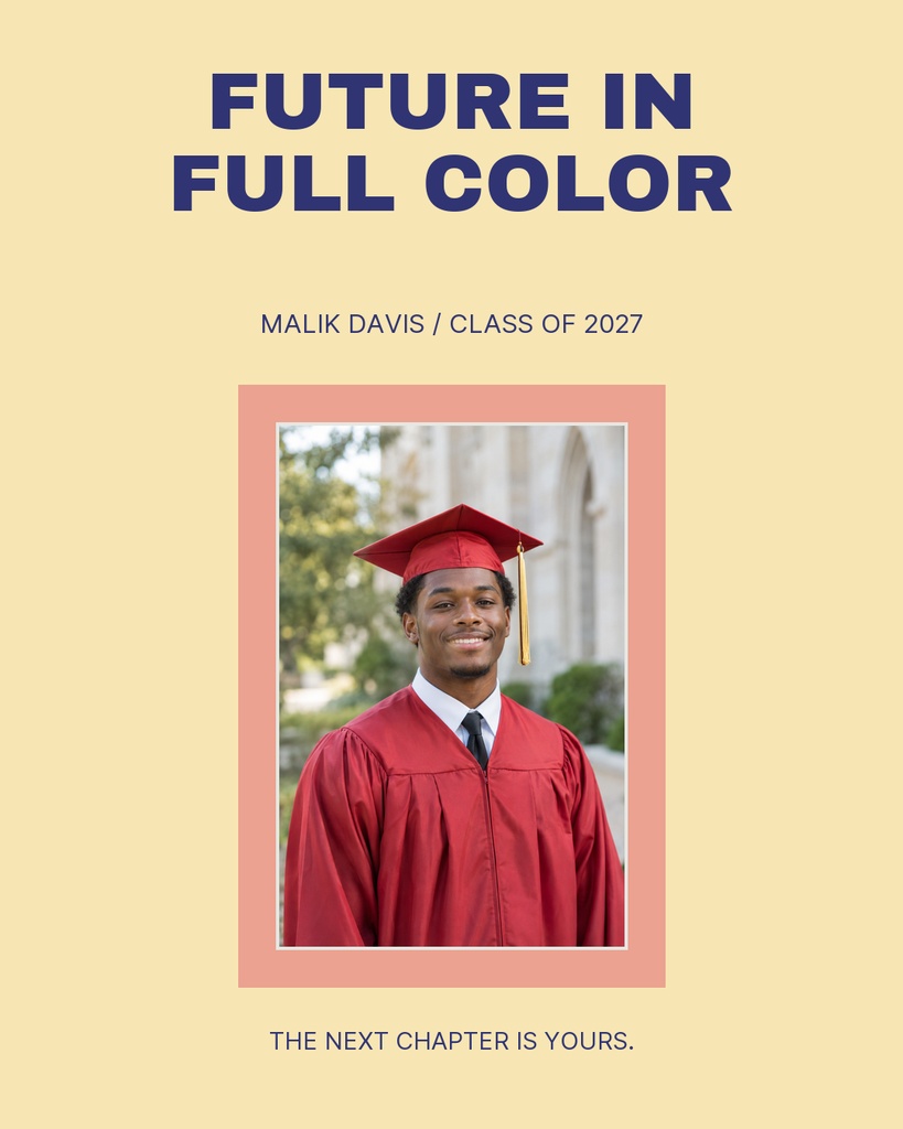 Colorful graduation portrait post with a graduate in a red cap and gown