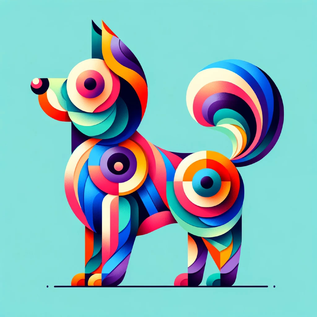 A black and tan dog with expressive eyes in a vibrant, abstract art piece.