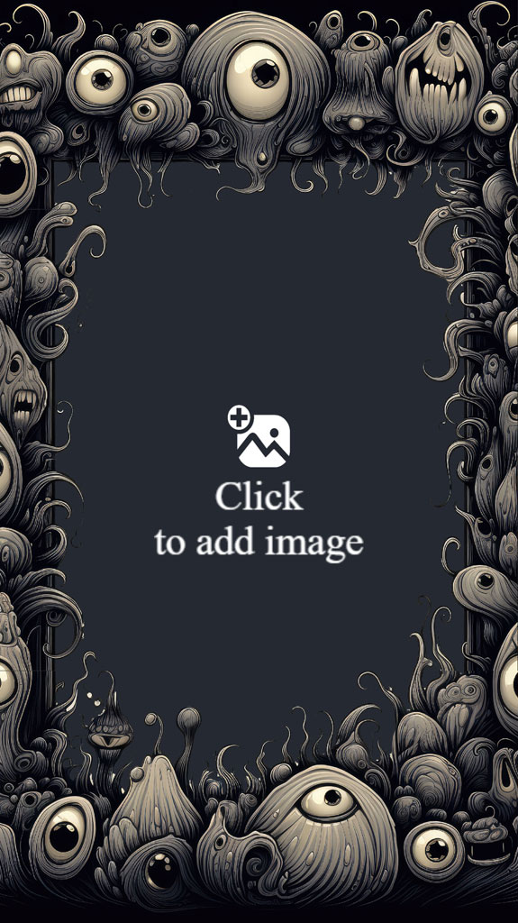 A dark frame with a border of creepy eyes and faces